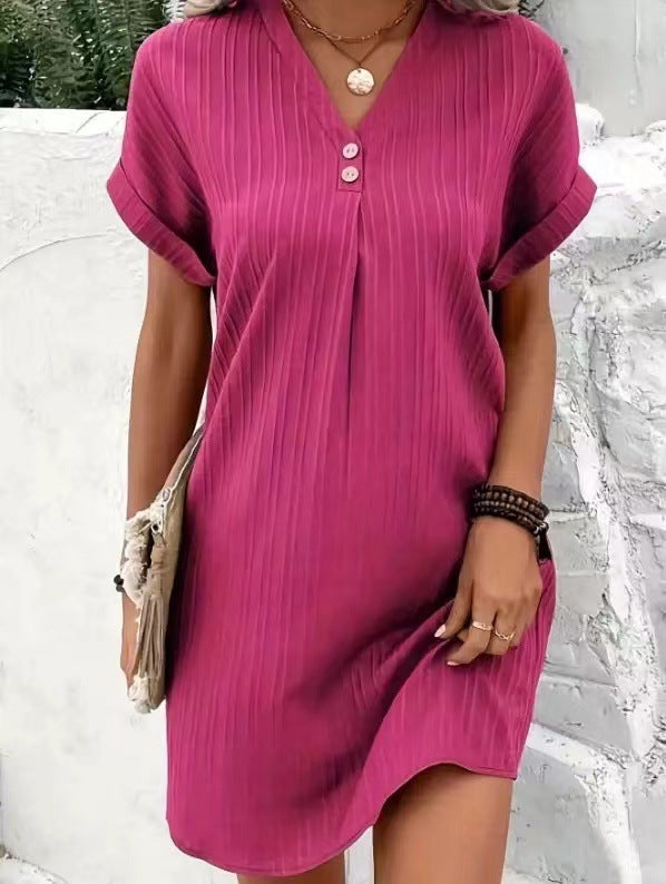 Short-sleeved Dress Casual Solid Strip Button Dresse
