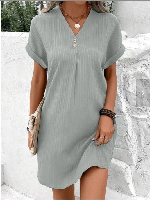 Short-sleeved Dress Casual Solid Strip Button Dresse
