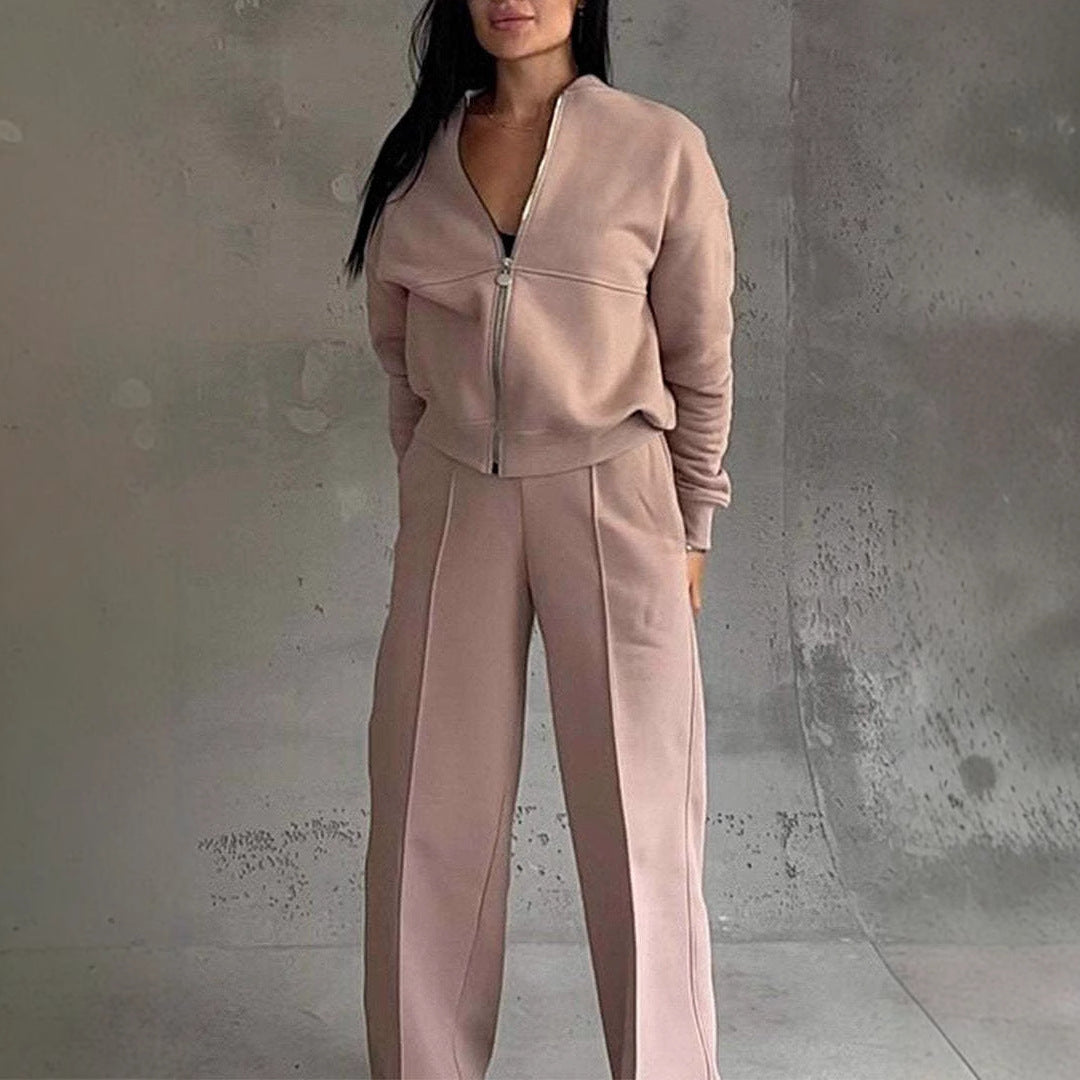Two Piece Set Zipper Jacket with Wide Leg Pants
