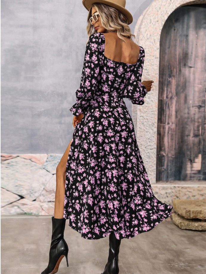 Flowers Printing Long Sleeve Dress with Square-neck Bottom Slit