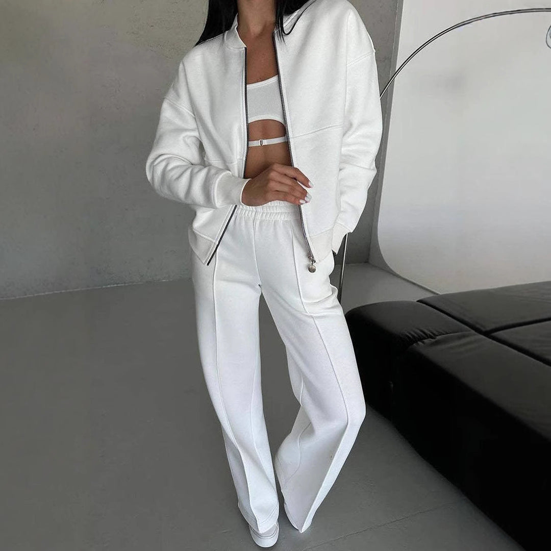 Two Piece Set Zipper Jacket with Wide Leg Pants