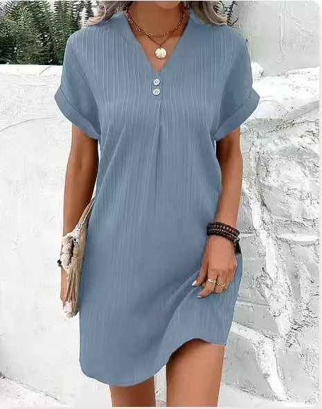 Short-sleeved Dress Casual Solid Strip Button Dresse