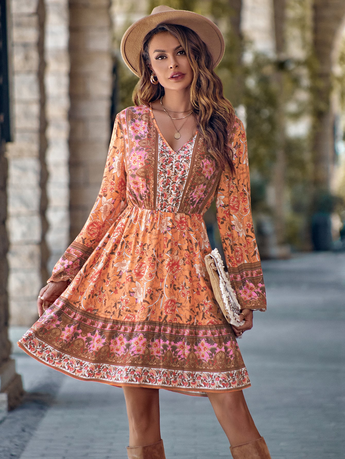V Neck Long Sleeved Dress