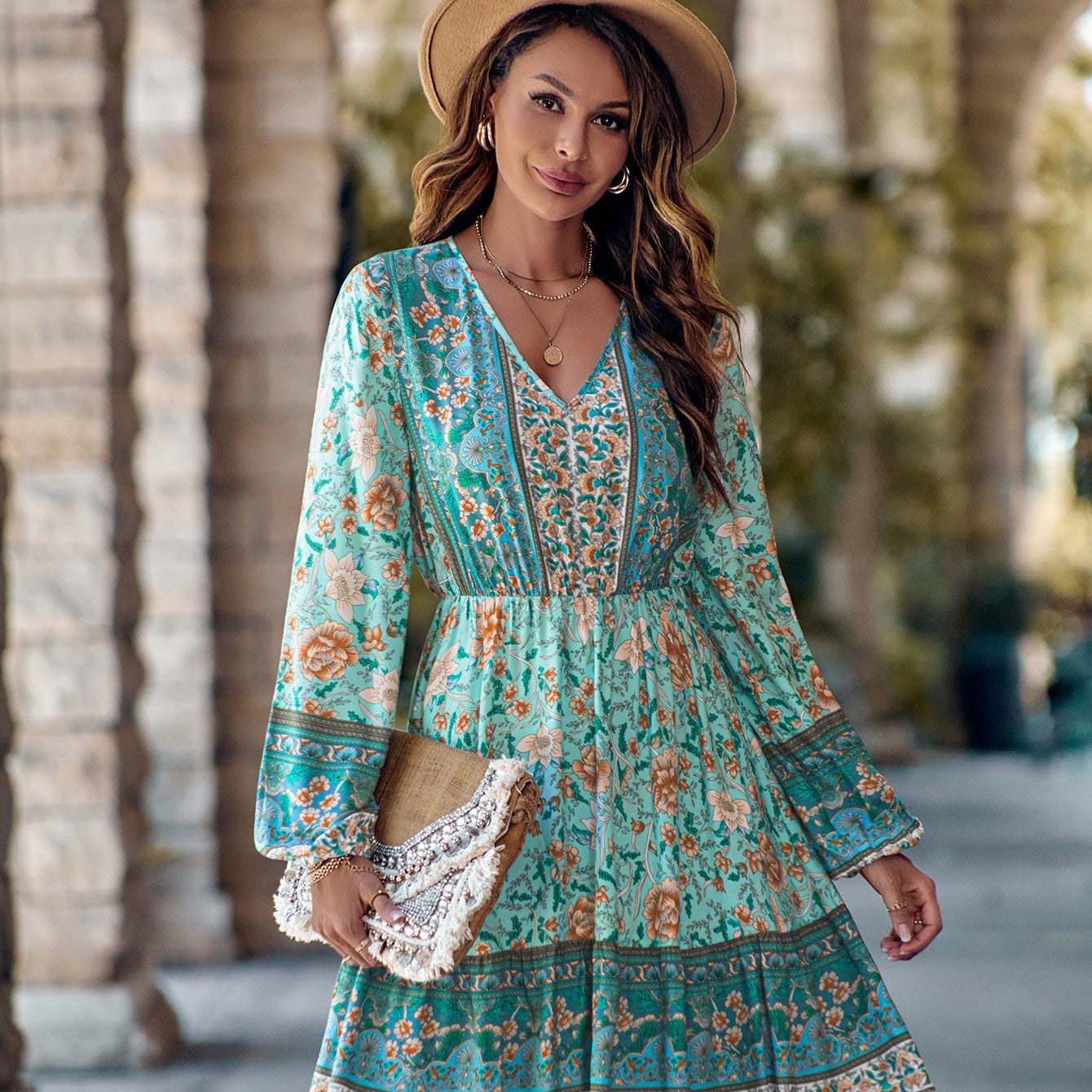 V Neck Long Sleeved Dress