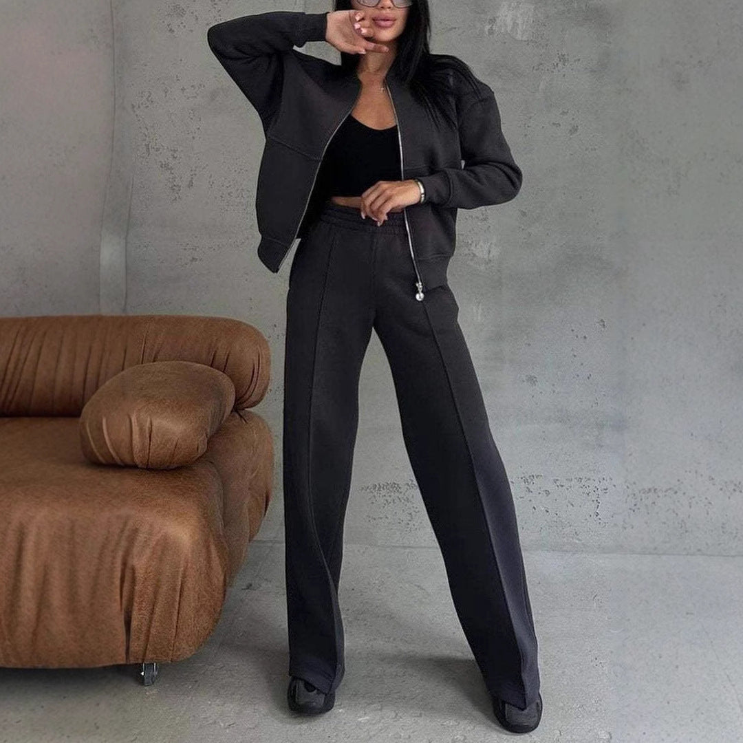 Two Piece Set Zipper Jacket with Wide Leg Pants