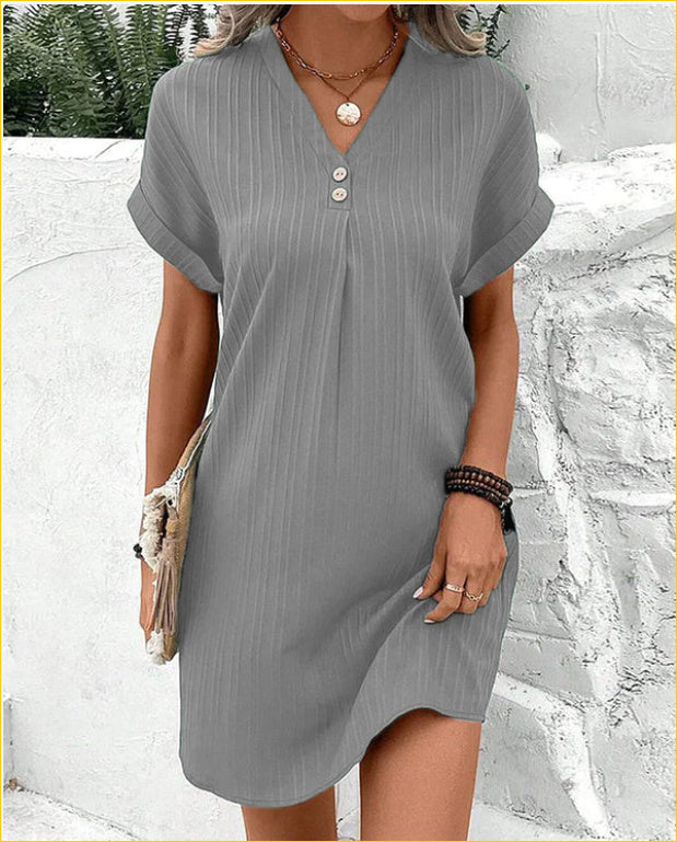 Short-sleeved Dress Casual Solid Strip Button Dresse
