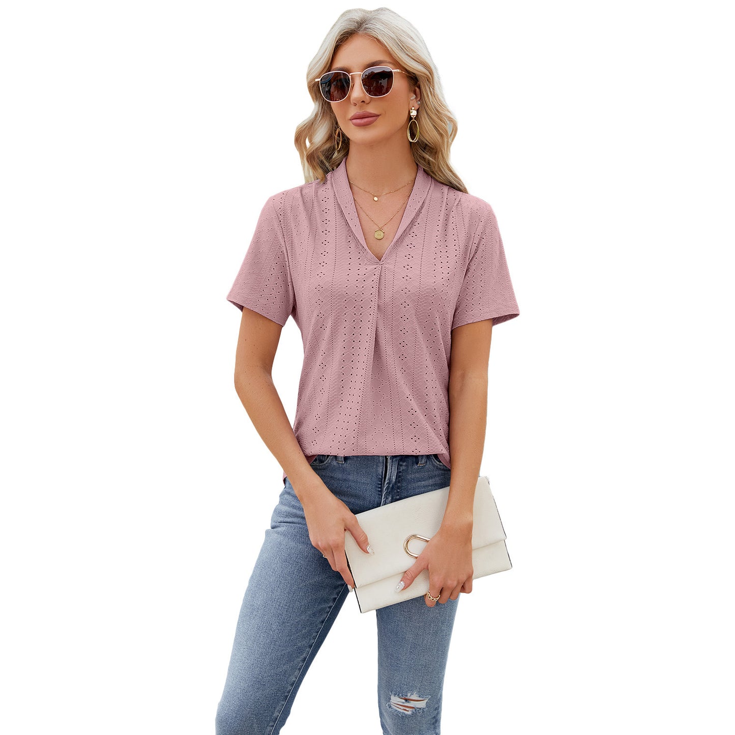 Textured V-Neck Short Sleeve Blouse