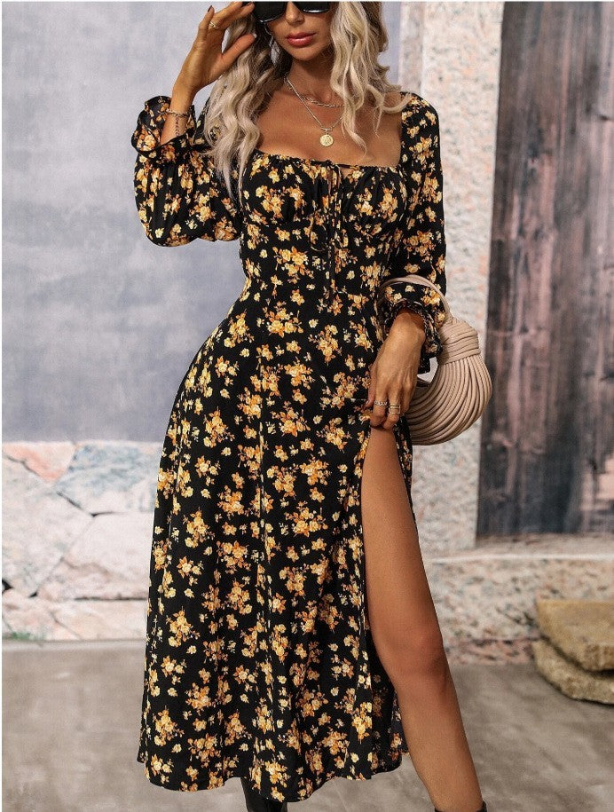 Flowers Printing Long Sleeve Dress with Square-neck Bottom Slit