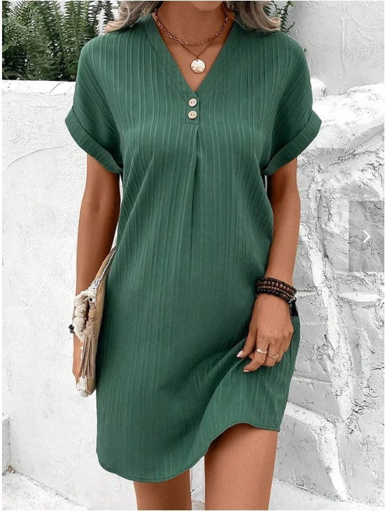 Short-sleeved Dress Casual Solid Strip Button Dresse