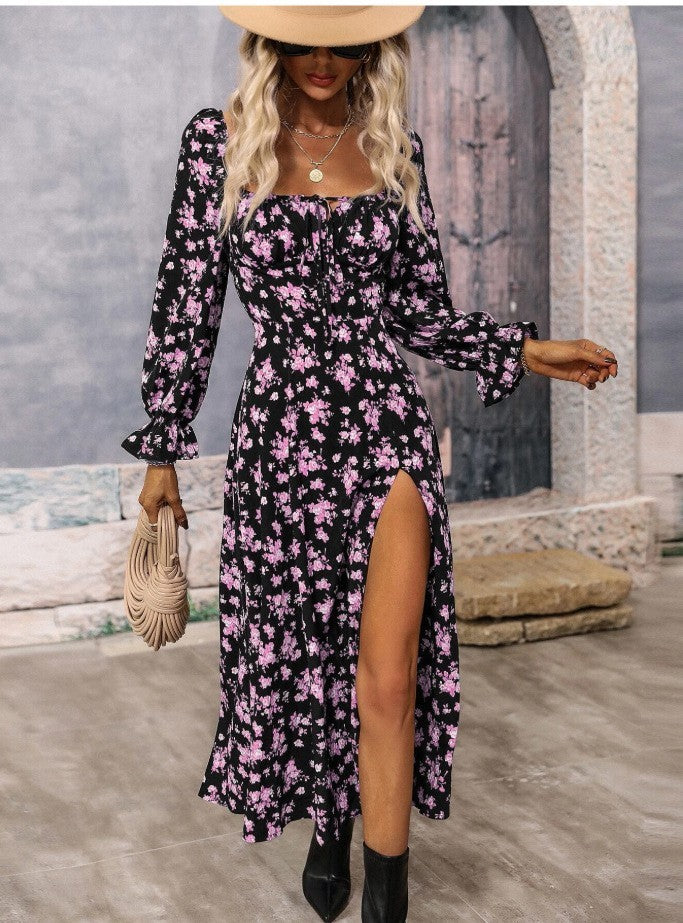 Flowers Printing Long Sleeve Dress with Square-neck Bottom Slit