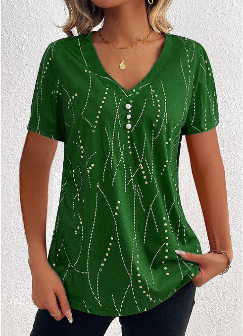 V-Neck Short Sleeve Printed Blouse