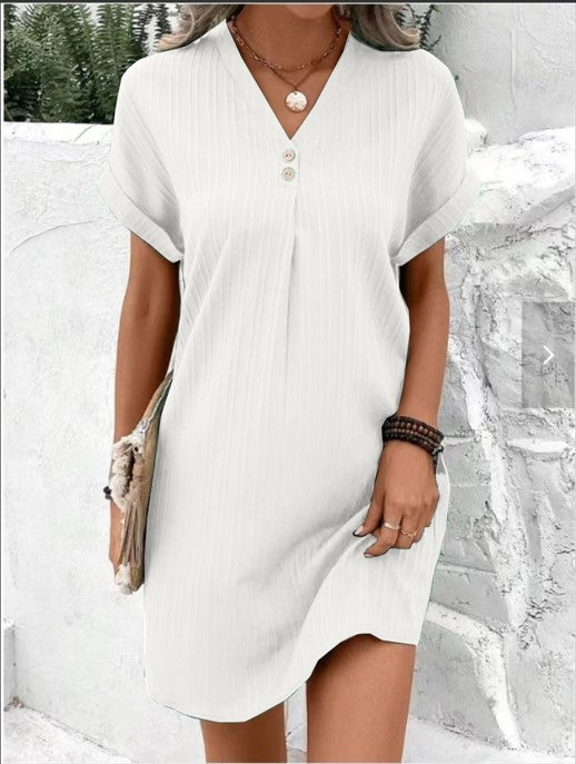 Short-sleeved Dress Casual Solid Strip Button Dresse