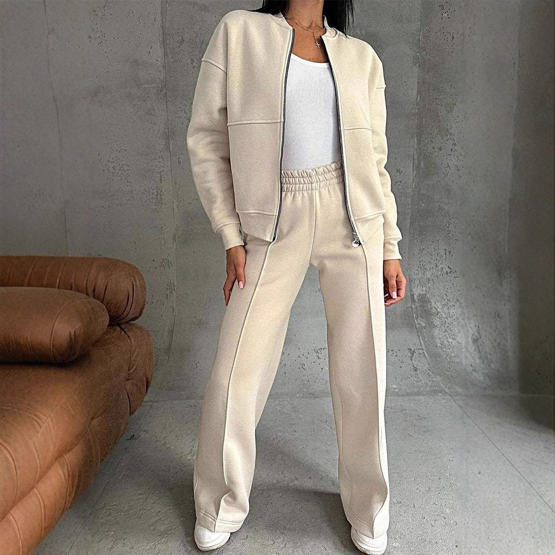Two Piece Set Zipper Jacket with Wide Leg Pants