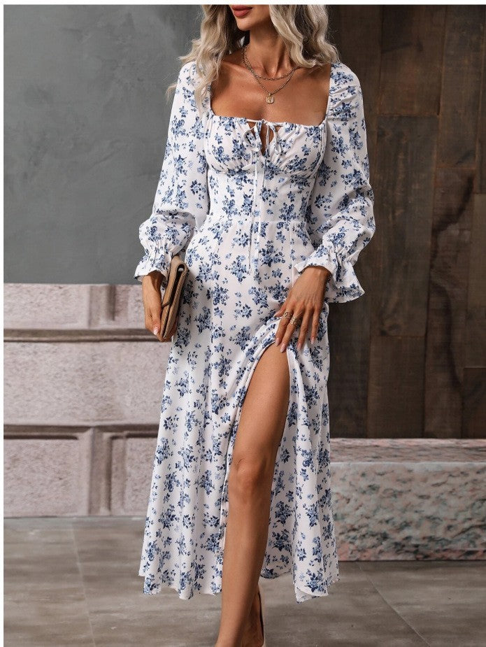 Flowers Printing Long Sleeve Dress with Square-neck Bottom Slit