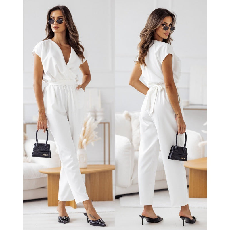 Short-sleeved Jumpsuit With Lace-up Trousers