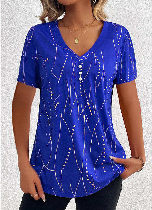 V-Neck Short Sleeve Printed Blouse