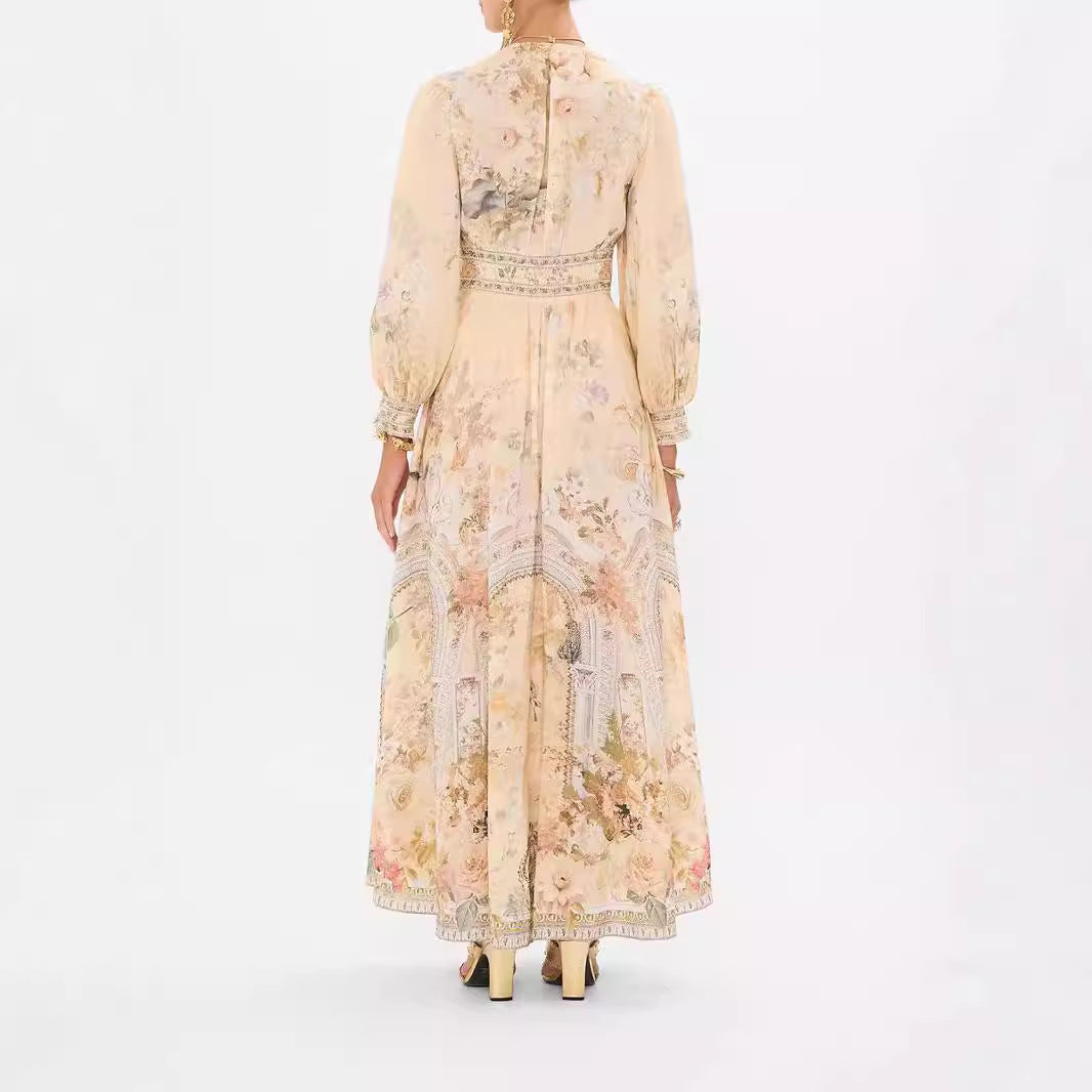 Printed V-neck Long-sleeved Dress