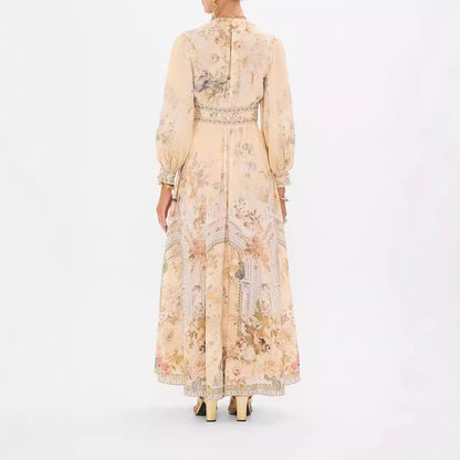 Printed V-neck Long-sleeved Dress