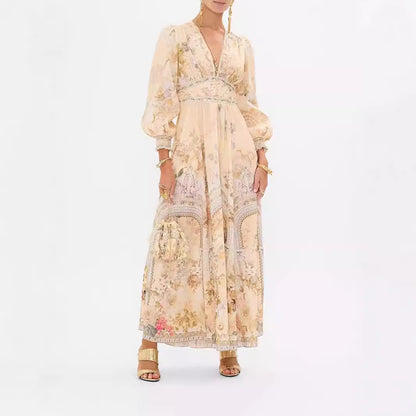Printed V-neck Long-sleeved Dress