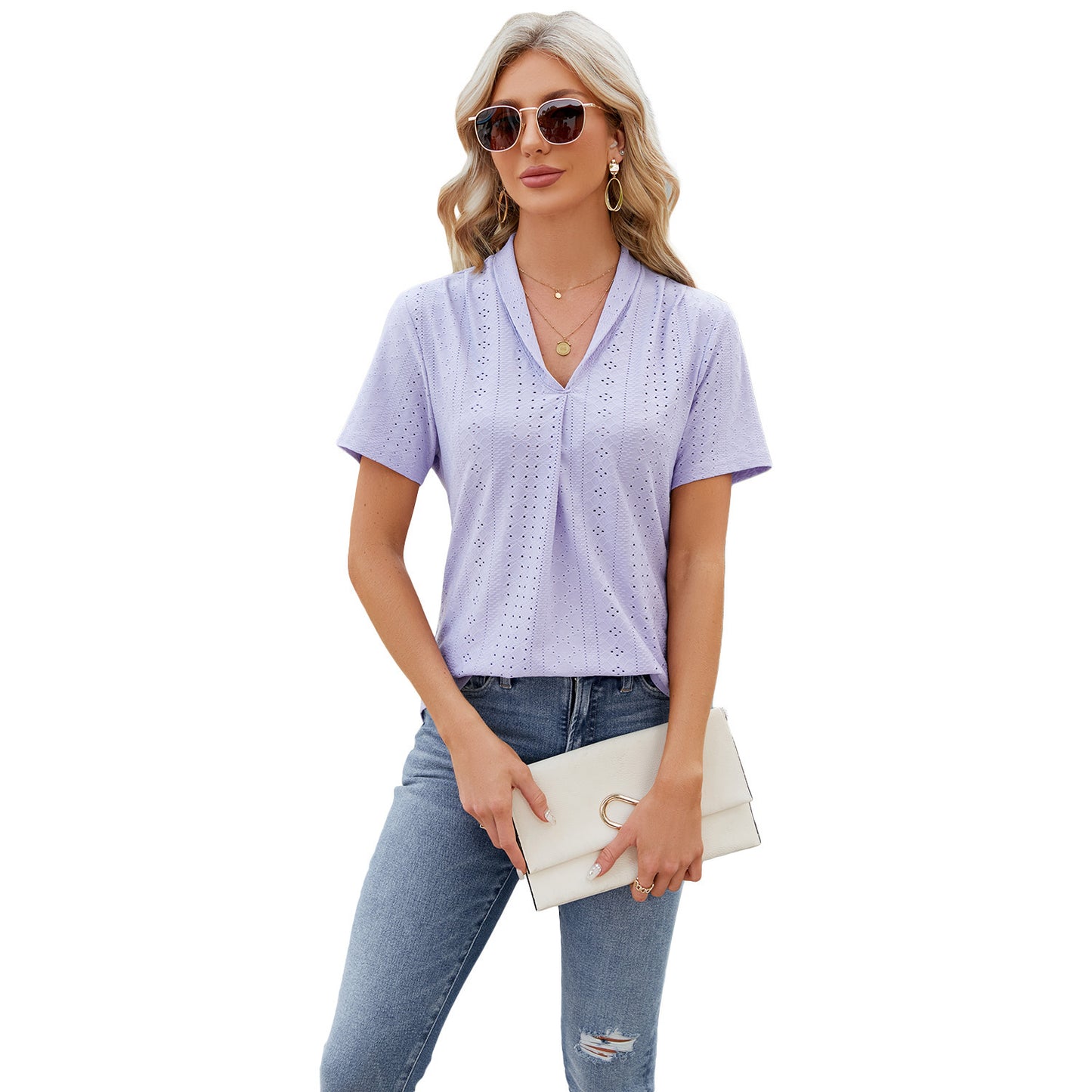 Textured V-Neck Short Sleeve Blouse