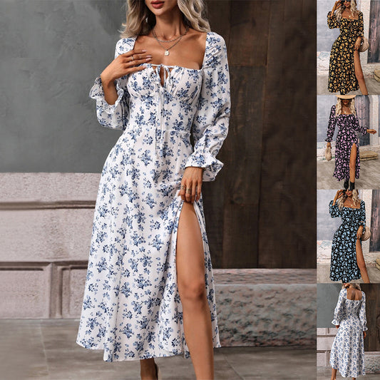 Flowers Printing Long Sleeve Dress with Square-neck Bottom Slit