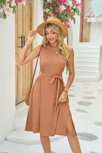 Sleeveless Midi Dress with Tie Waist