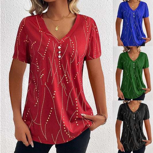 V-Neck Short Sleeve Printed Blouse