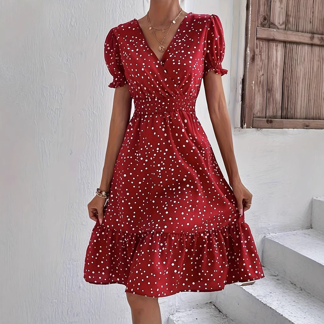 Casual Cross Collar Polka Dot Dress