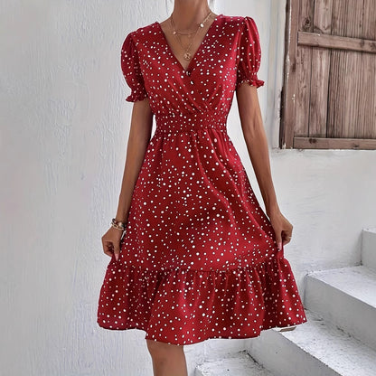 Casual Cross Collar Polka Dot Dress