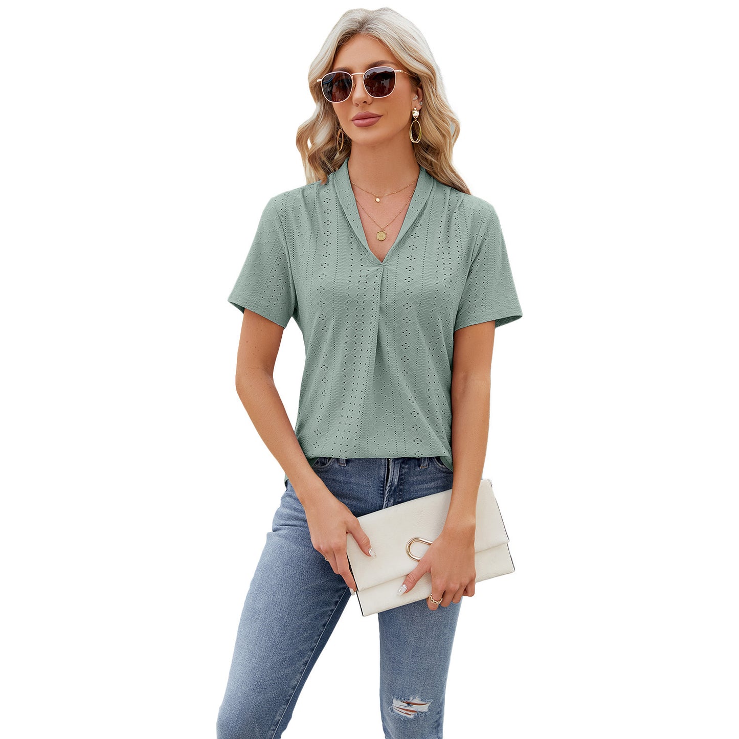 Textured V-Neck Short Sleeve Blouse
