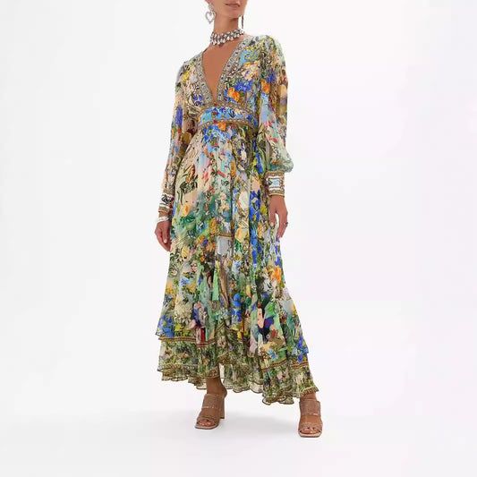 Printed V-neck Long-sleeved Dress