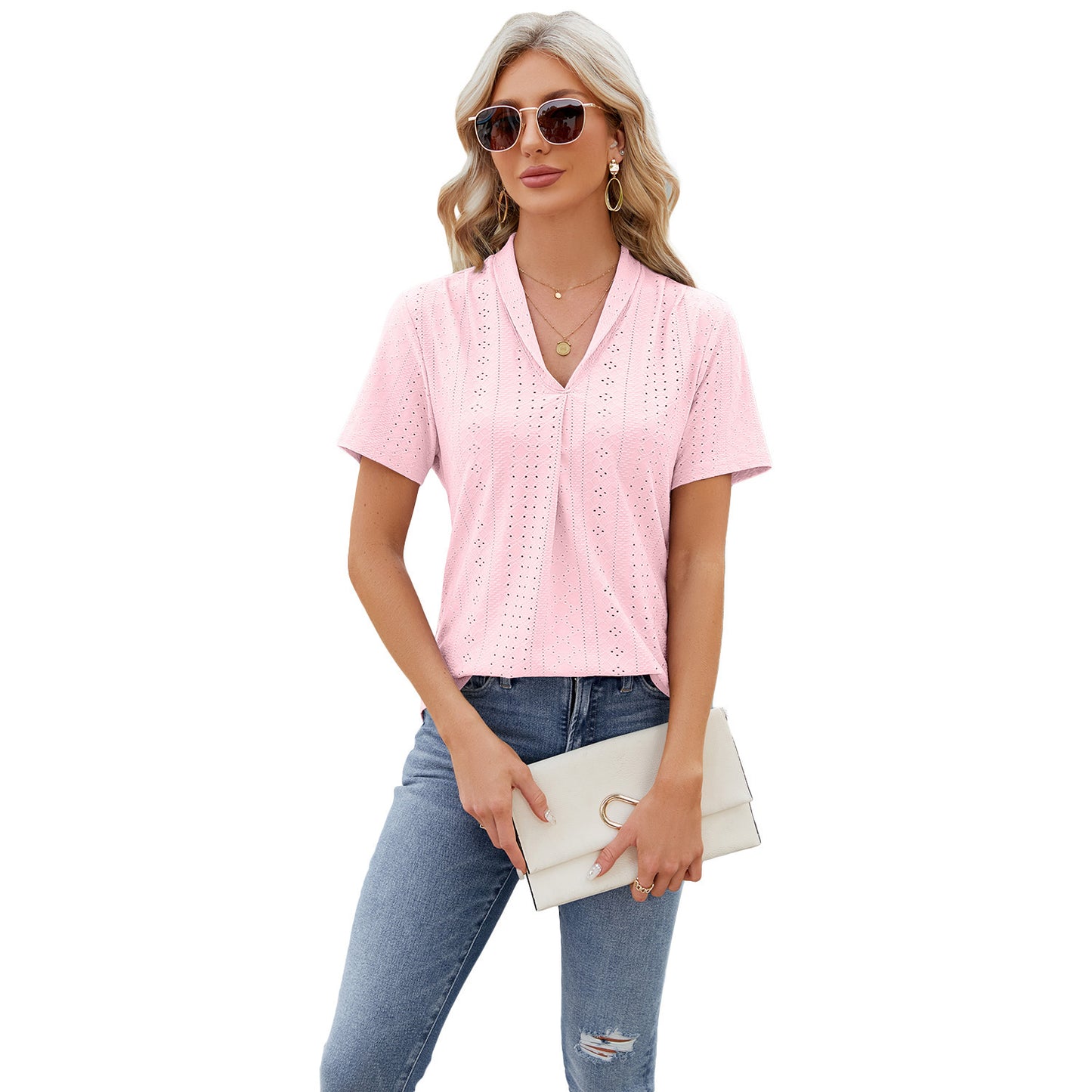 Textured V-Neck Short Sleeve Blouse