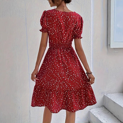 Casual Cross Collar Polka Dot Dress