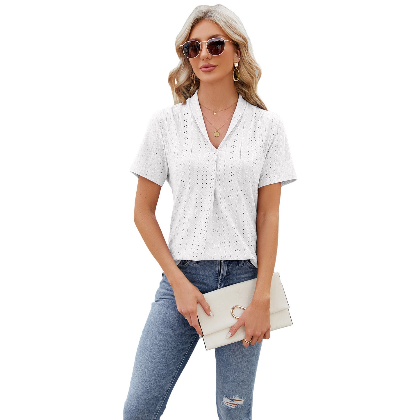 Textured V-Neck Short Sleeve Blouse