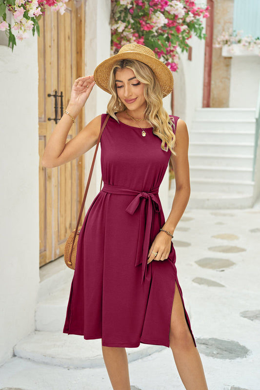 Sleeveless Midi Dress with Tie Waist