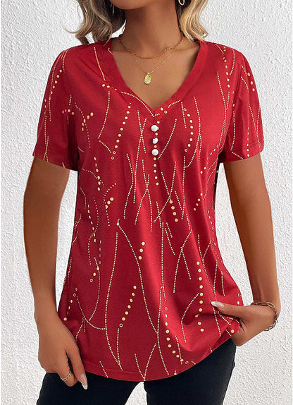 V-Neck Short Sleeve Printed Blouse