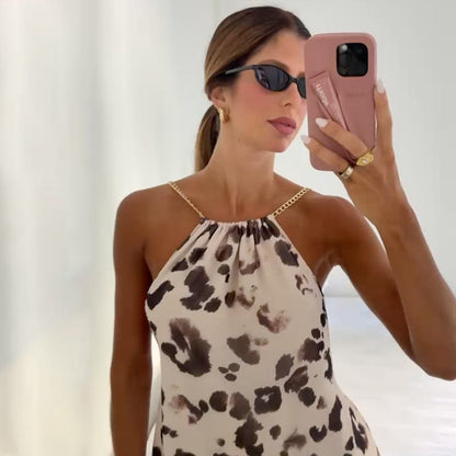 Fashion Irregular Pattern Print Halter Backless Sling Dress