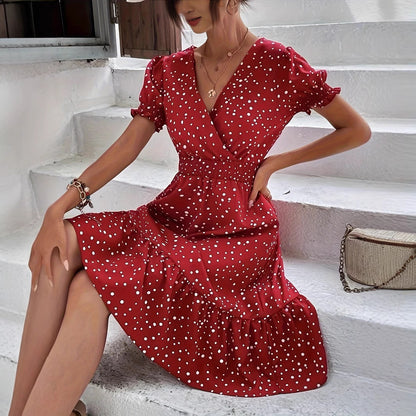 Casual Cross Collar Polka Dot Dress