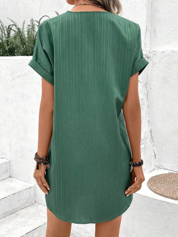 Short-sleeved Dress Casual Solid Strip Button Dresse