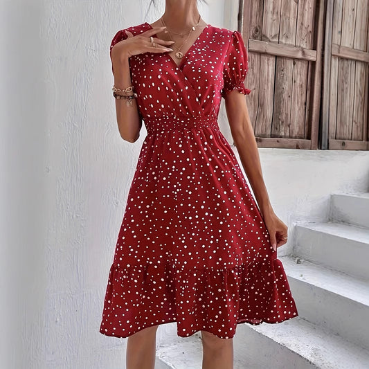 Casual Cross Collar Polka Dot Dress