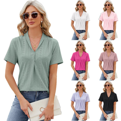 Textured V-Neck Short Sleeve Blouse