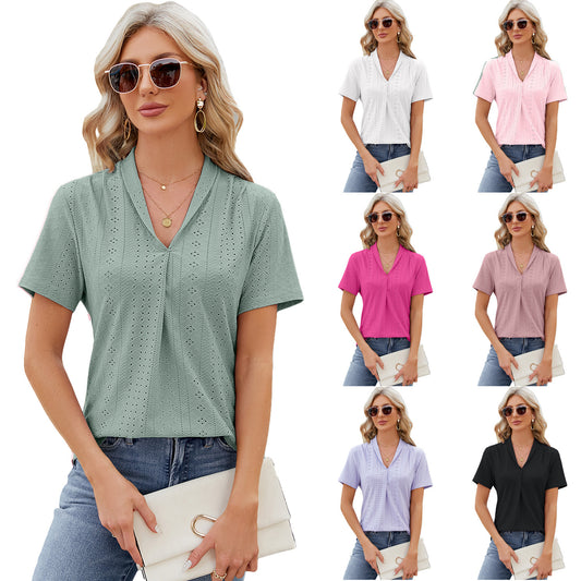 Textured V-Neck Short Sleeve Blouse