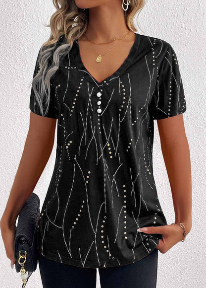 V-Neck Short Sleeve Printed Blouse