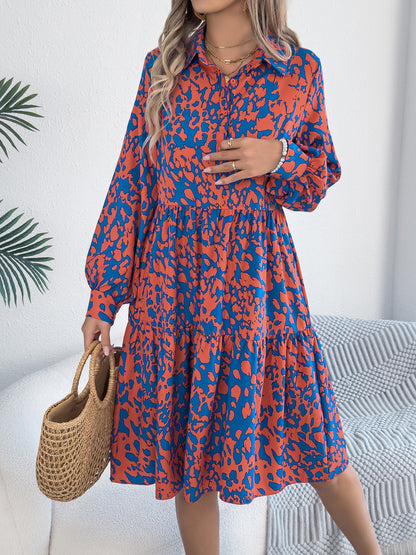 Casual Loose Contrast Color Leopard-print Long-sleeved Shirt Dress