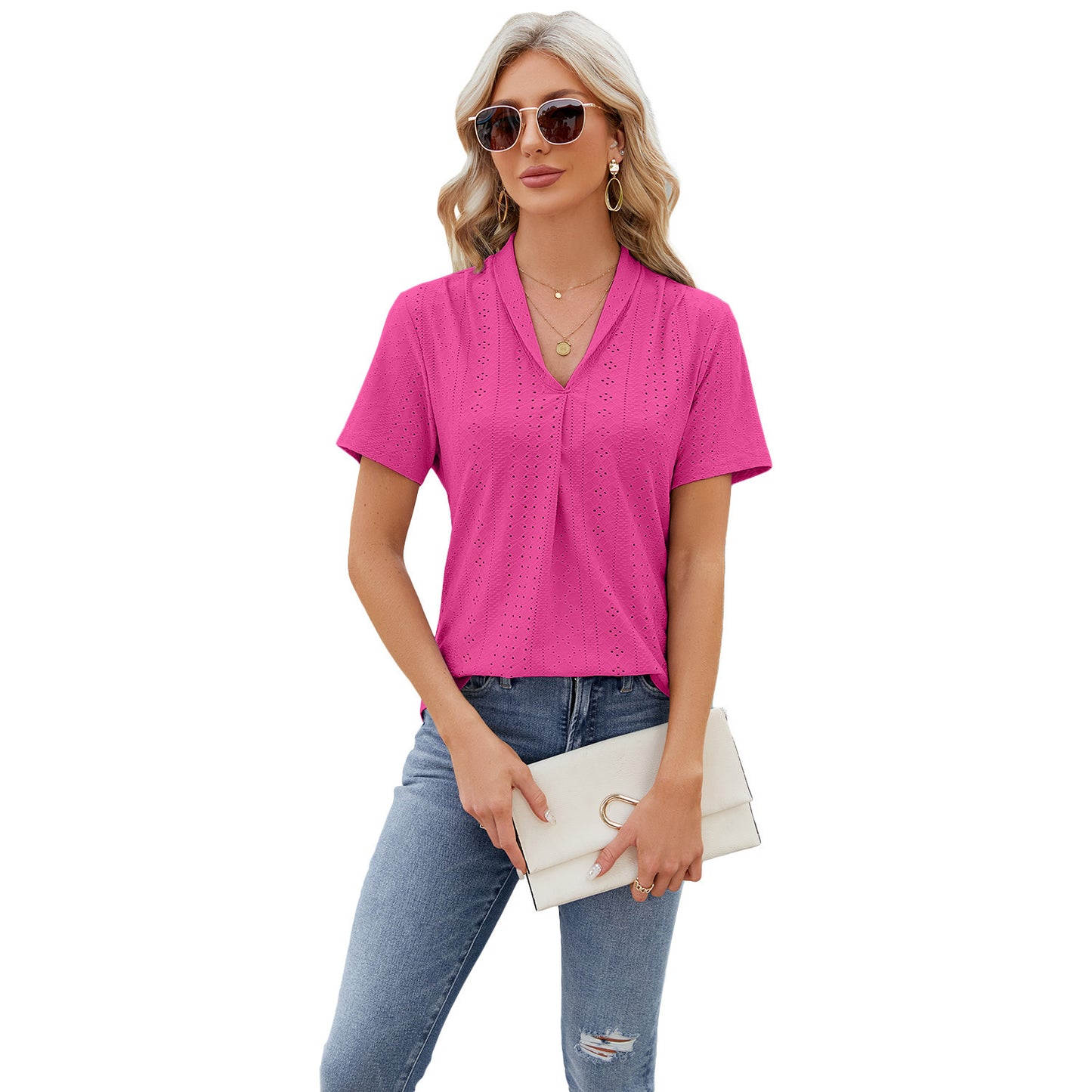 Textured V-Neck Short Sleeve Blouse